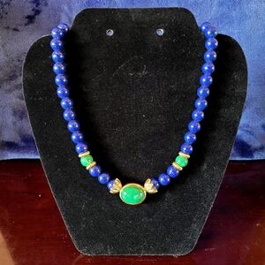 Avon Vintage Green and Blue Beaded Necklace with Gold Accents